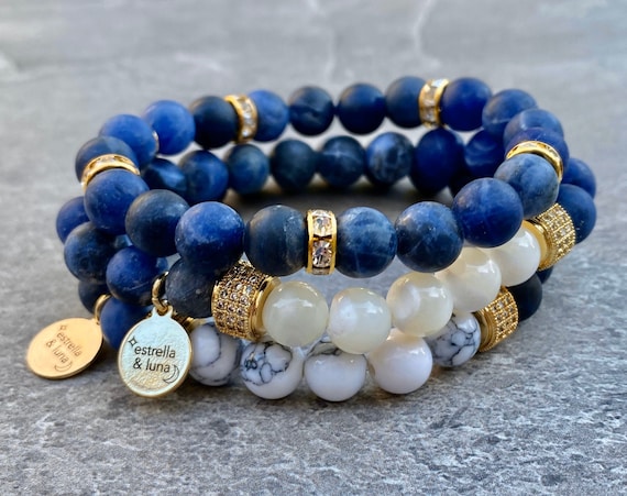 Matte Blue Sodalite Natural Stone Bead Bracelet Stack