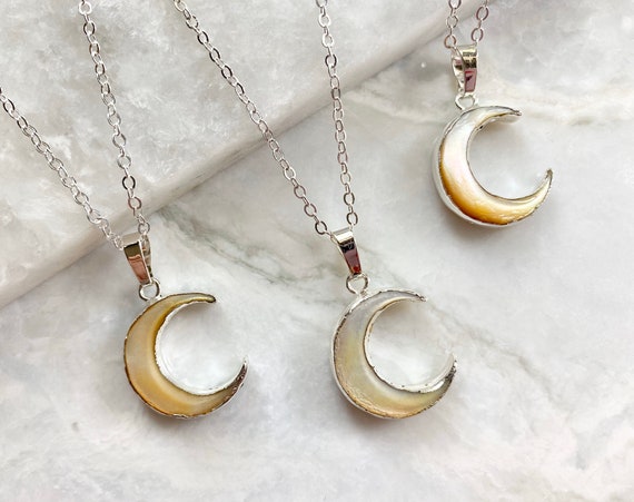Sterling Silver Boho Crescent Moon Carved Shell Pendant Necklace