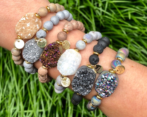 Raw Druzy Crystal Natural Stone Bead Bracelet