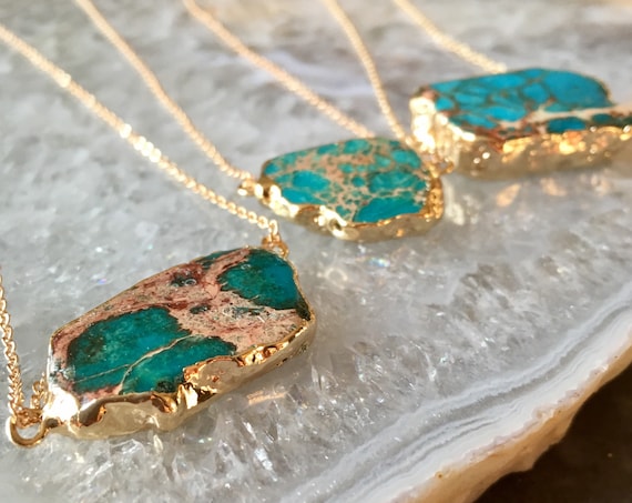 Raw Jasper Slice Sea Sediment Natural Stone 18K Gold Boho Necklace