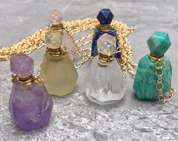 Perfume Bottle Carved Stone Crystal Pendant Necklace