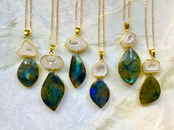 Labradorite Geode Necklace 14K Gold Crystal Necklace