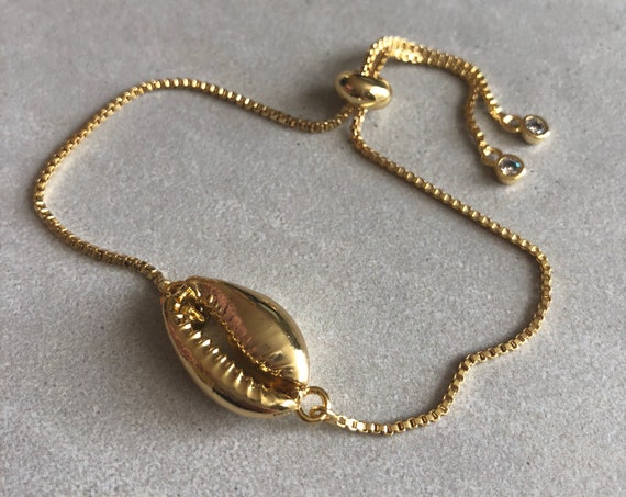 Boho Cowrie Shell 14K Gold Box Chain Bracelet