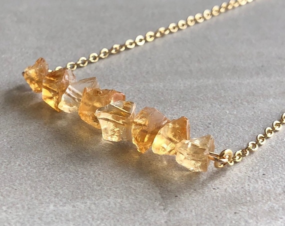 Raw Citrine Crystal Bar 14K Gold Necklace