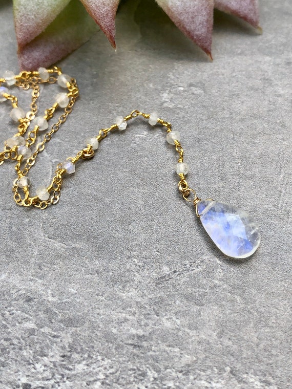 Teardrop Rainbow Moonstone Crystal Rosary Chain Lariat Necklace