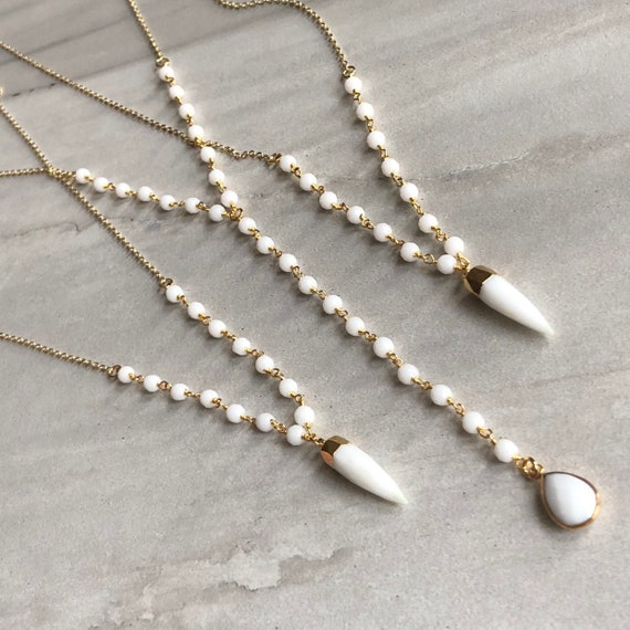 White Agate 14K Gold Boho Lariat Rosary Chain Necklace