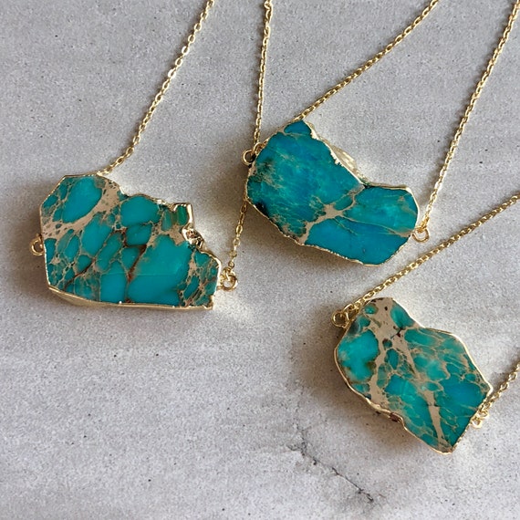 Raw Jasper Slice Sea Sediment Natural Stone 18K Gold Boho Necklace
