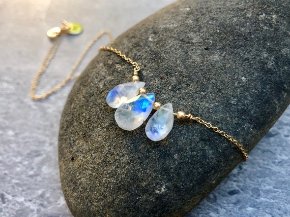 Dainty Teardrop Rainbow Moonstone 14K Gold Necklace