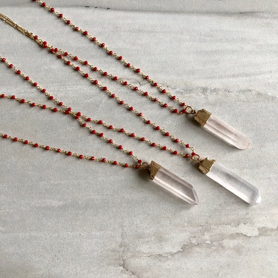 Red Coral Rosary Chain 14K Gold Crystal Pendant Necklace