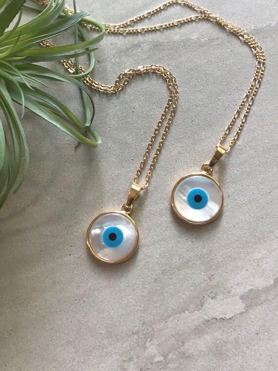 Evil Eye Carved Shell 14K Gold Boho Necklace
