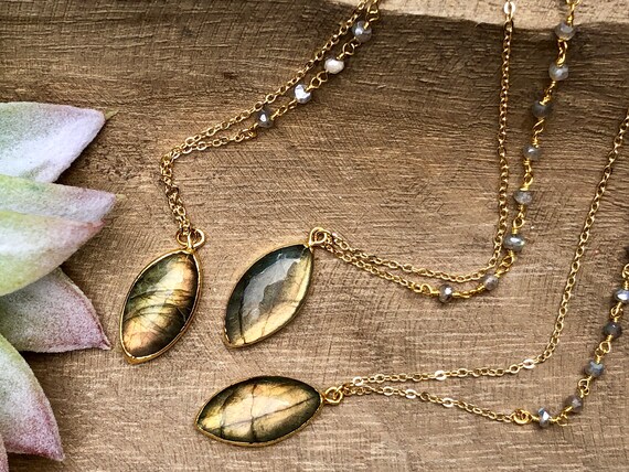 Labradorite Rosary Chain 14K Gold Boho Crystal Pendant Necklace