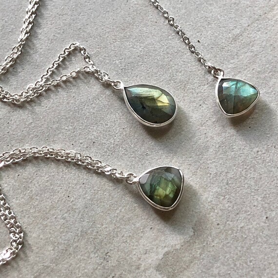 Dainty Trillion Labradorite Crystal Sterling Silver Necklace
