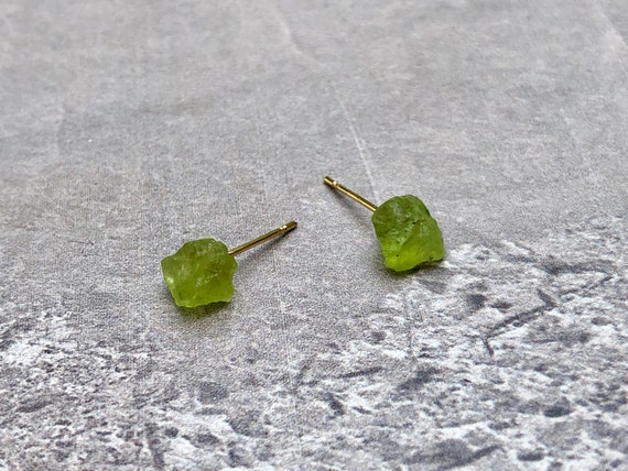 Raw Peridot Gemstone Crystal Stud Earrings