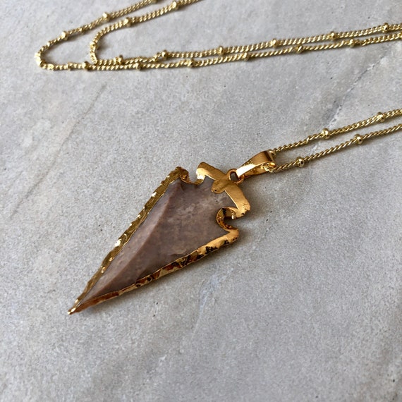 Boho Natural Stone Arrowhead 14K Gold Necklace