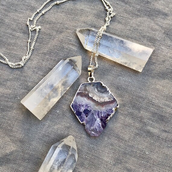 Raw Amethyst Crystal Stalactite Slice Sterling Silver Necklace