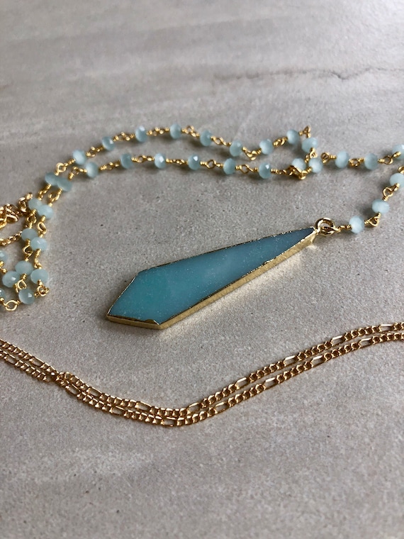 Rosary Chain 22K Gold Amazonite Pendant Boho Necklace