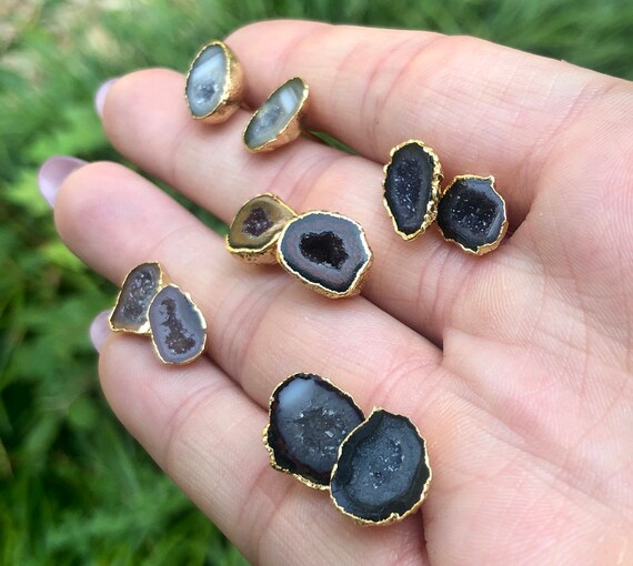 Raw Geode Crystal Stud Boho Gold Earrings