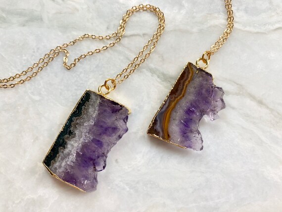 Raw Amethyst Crystal Slice 14K Gold Necklace