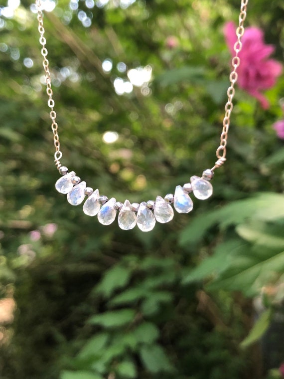 Dainty Rainbow Moonstone Teardrop Briolle Sterling Silver Necklace