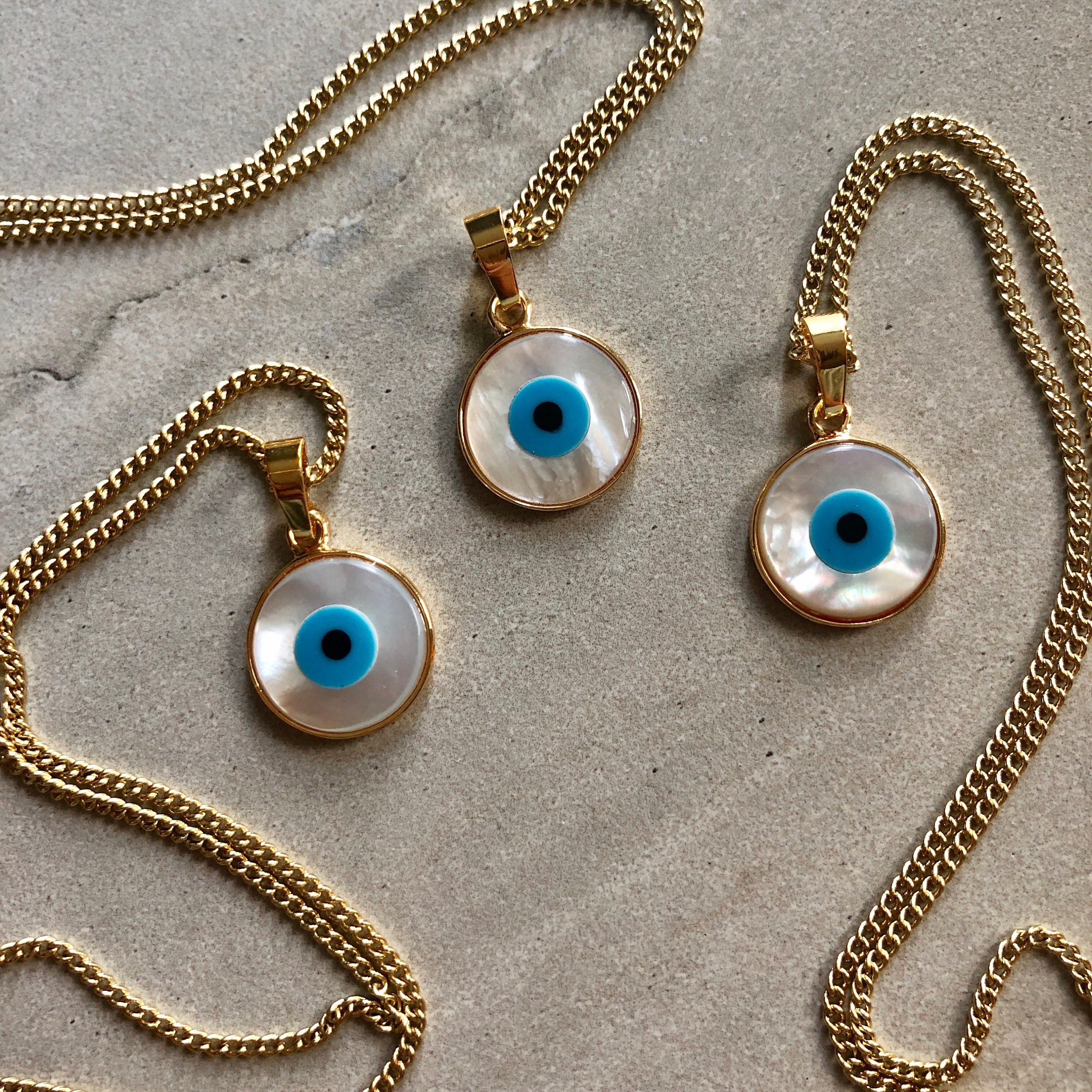 Evil Eye Carved Shell 14K Gold Boho Necklace