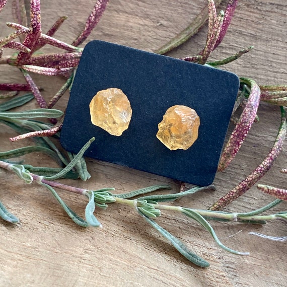 Raw Citrine Gemstone Crystal Stud Earrings