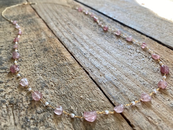 Long Strawberry Quartz Rosary Chain Necklace
