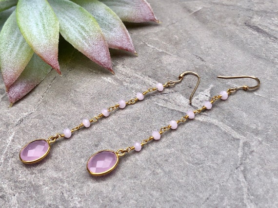 Rose Chalcedony Rosary Chain 14K Gold Filled Crystal Drop Earrings