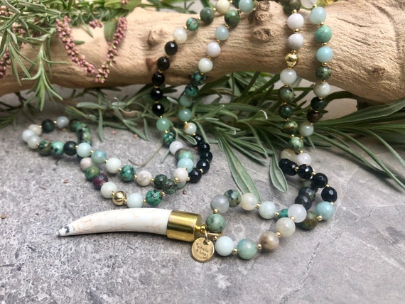Amazonite Stone Bead Horn Pendant Necklace