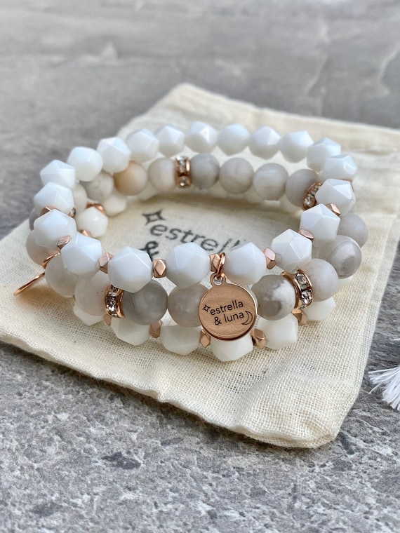 Bead Bracelet Stack/ White Agate/ Beaded Bracelets/ Rose Gold/ Marble Bracelets/ Pave Crystal/ Stacking Bracelets/ Matte Bead Bracelets