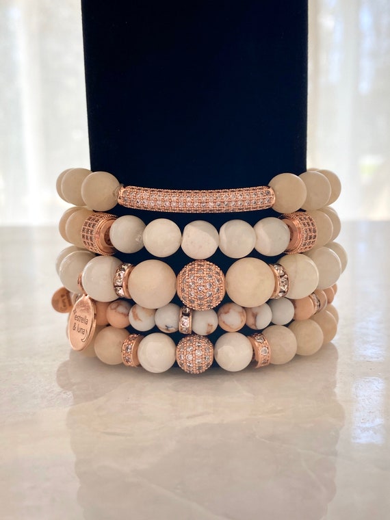 Matte Pink Rose Gold Pave Stacking Bracelets