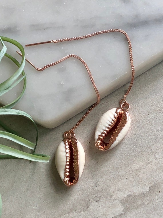 Rose Gold Cowrie Shell Boho Threader Earrings