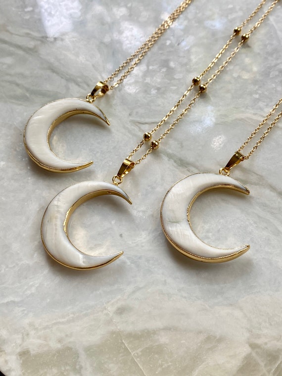 Crescent Moon Carved Shell Gold Boho Layering Necklace