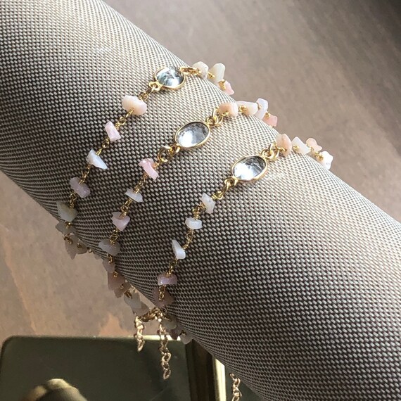 Dainty Pink Opal Rosary Chain 14K Gold Boho Bracelet