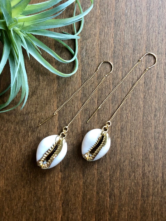 Real Cowrie Shell 22K Gold Boho Threader Earrings