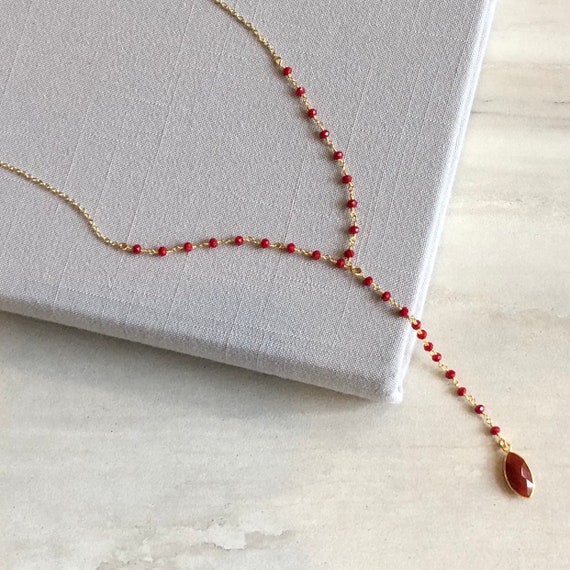 Red Onyx and Coral Rosary Chain Boho Lariat Necklace