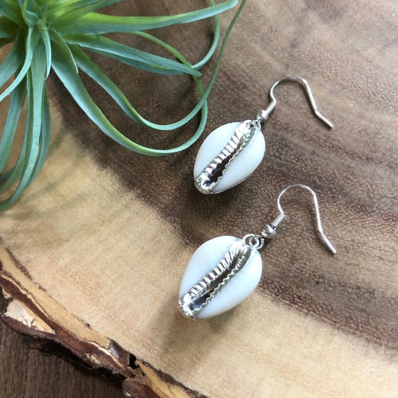 Silver Cowrie Natural Shell Boho Earrings