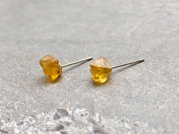 Raw Citrine Gemstone Crystal Stud Earrings