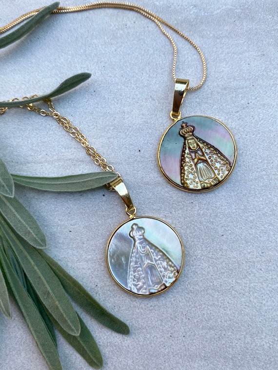 Mother Mary Necklace 14K Gold Carved Shell Pendant Boho Necklace