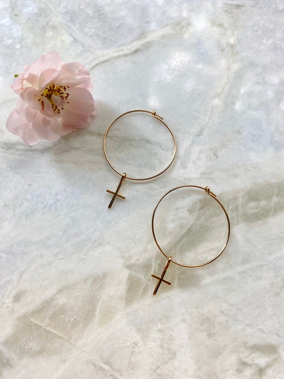 Rose Gold Cross Hoop Earrings