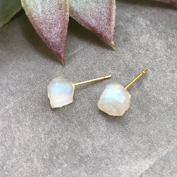Raw Rainbow Moonstone Gemstone Stud Earrings