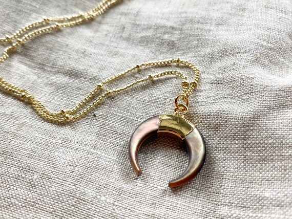 Double Horn Crescent Carved Shell 14K Gold Boho Necklace