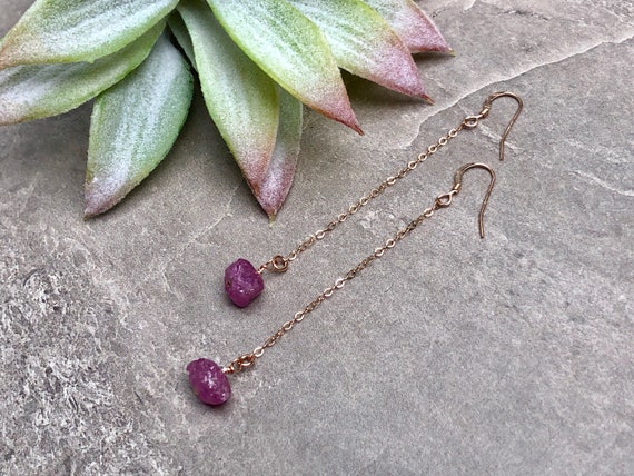 Raw Pink Sapphire Gemstone Crystal Drop Earrings