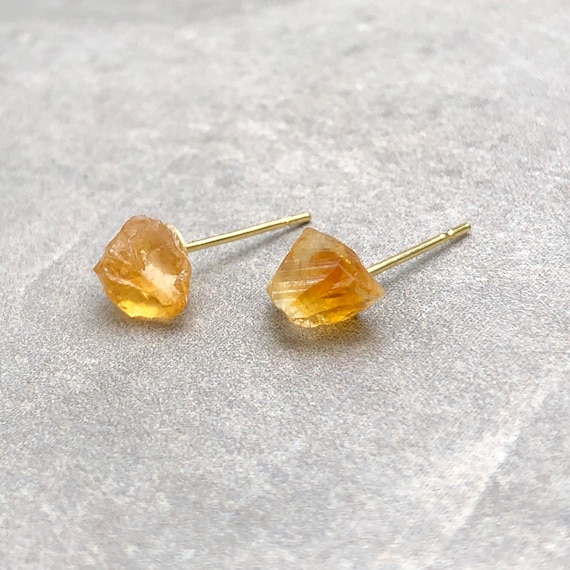 Raw Citrine Crystal Stud 14K Gold Earrings