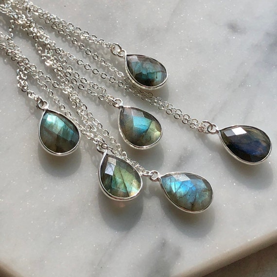 Teardrop Labradorite Crystal Sterling Silver Necklace