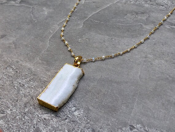 Raw Stalactite Crystal Slice 14K Gold Rainbow Moonstone Rosary Chain Necklace