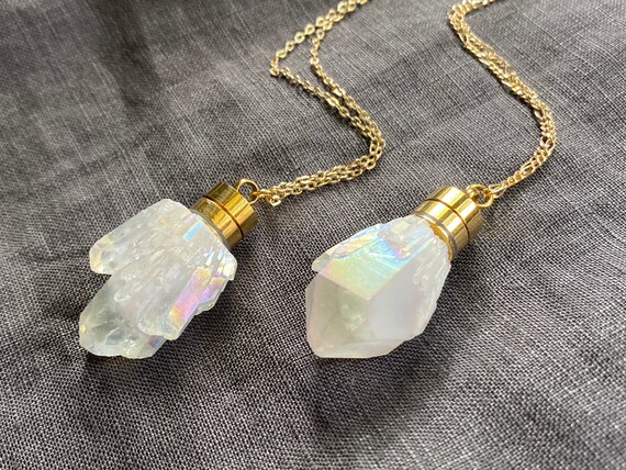 Raw Aura Quartz Crystal/ Essential Oil Diffuser/ Perfume Bottle Necklace/ Essential Oil Necklace/ Aura Quartz/ Spirit Quartz/ Angel Quartz