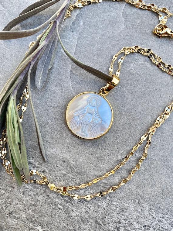 Mother Mary Caved Shell Mother of Pearl 14K Gold Boho Necklace