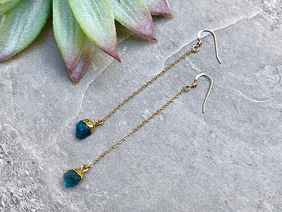 Raw Neon Blue Apatite Crystal Drop 14K Gold Filled Earrings
