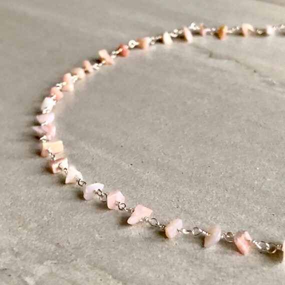 Raw Pink Opal Silver Rosary Chain Boho Choker Necklace