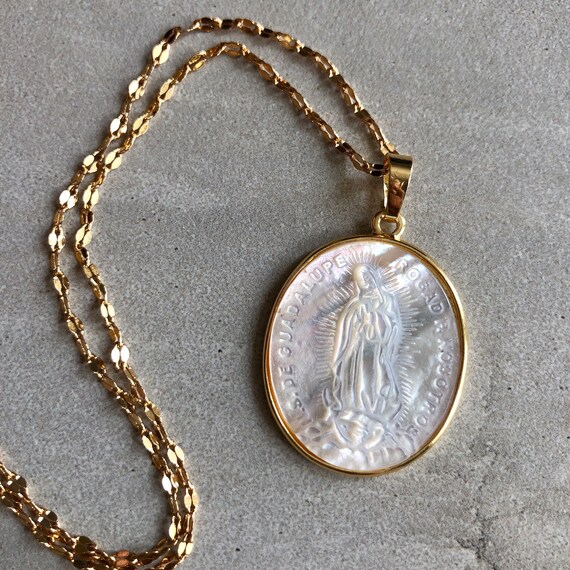 Mother Mary Carved Shell Mother Of Pearl 14K Gold Boho Necklace